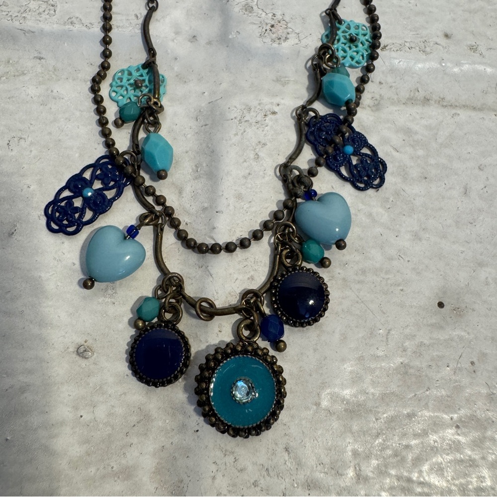OHQ Shades of Blue Enamel Heart & Charms vintage necklace